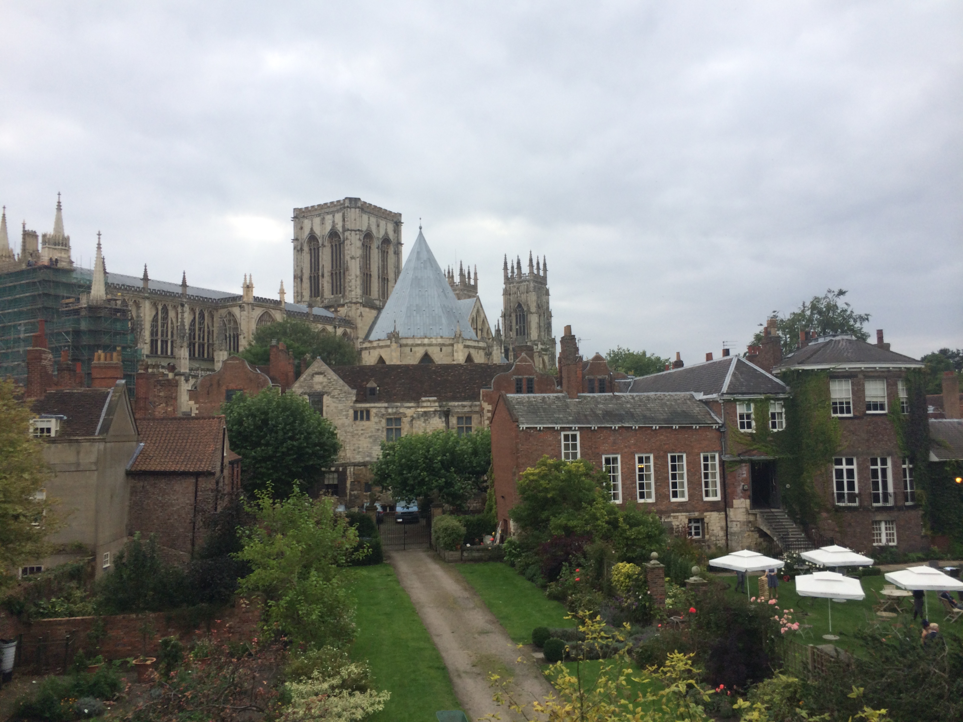 View of York Minster taken from the City Walls with Grays Court on the right, Treasurers House and The Chapter House centre in front of the Central Tower of the Minster